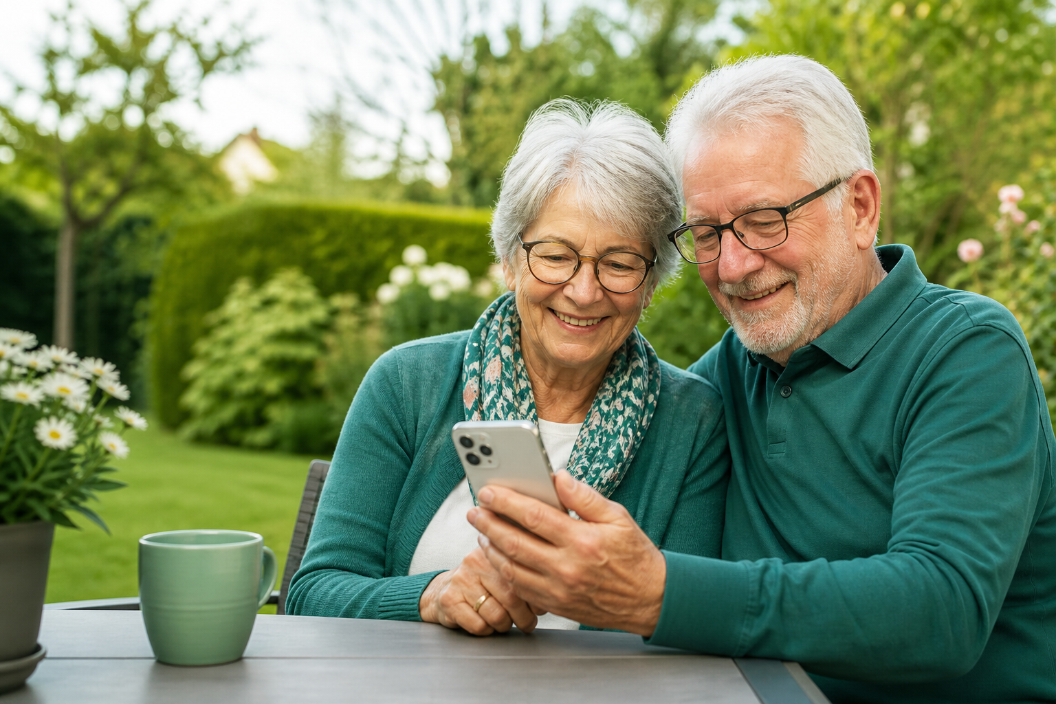 Zwei zufriedene ältere Menschen schauen gemeinsam auf ein iPhone im Garten.